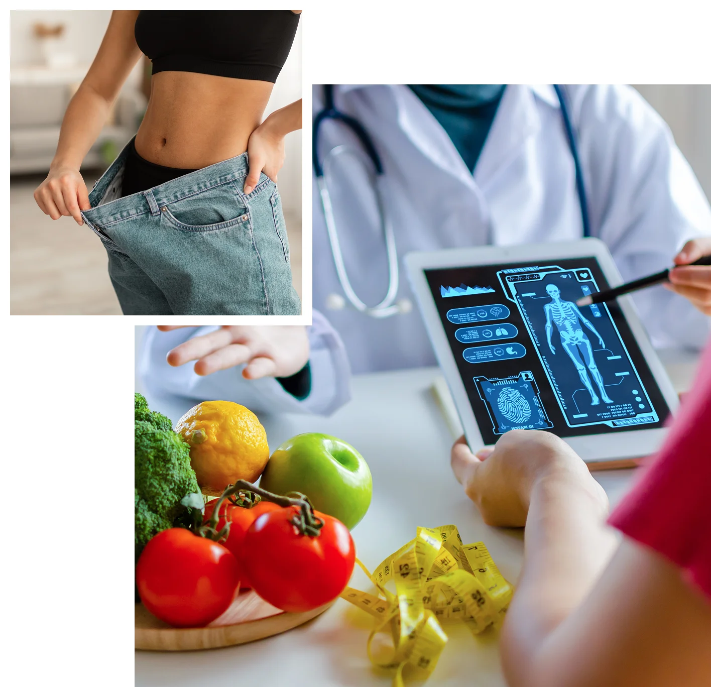 Group 1321314614 (1) A person shows weight loss with loose jeans. Next to it, a doctor explains a digital body scan, and a table displays fruits, vegetables, and a measuring tape.