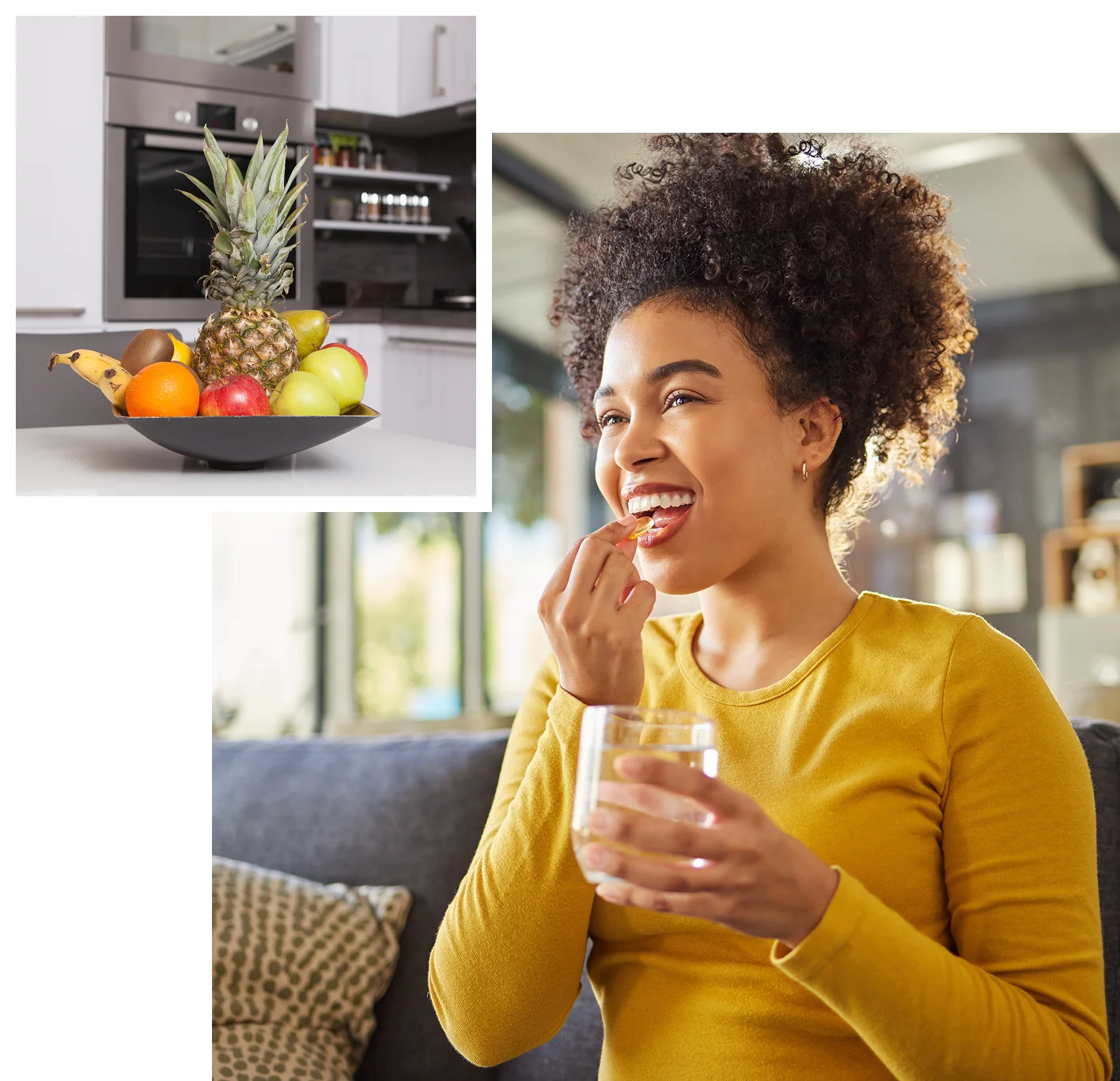 A person in a yellow shirt sits on a couch eating a snack and drinking water. In the inset, a bowl of assorted fruits is on a kitchen counter.