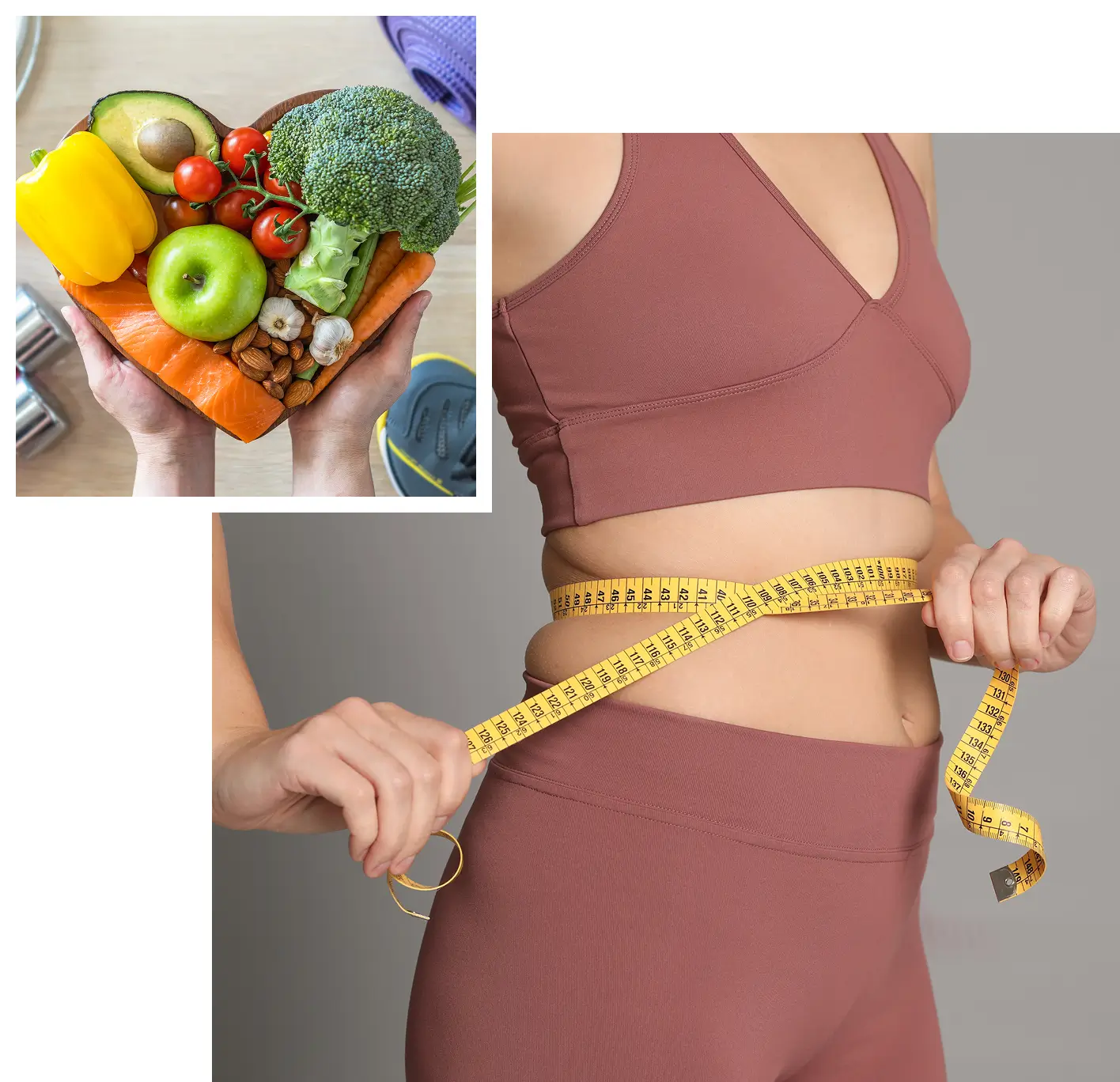 A woman is holding a tape measure and some vegetables
