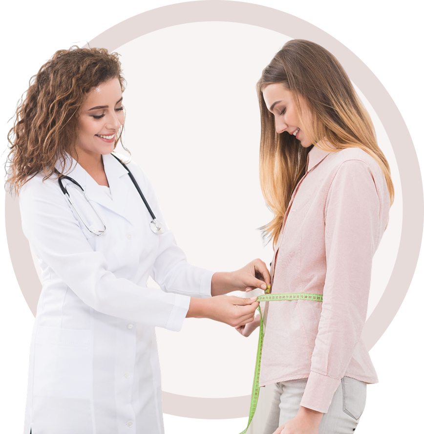 A woman measuring her waist with a stethoscope.